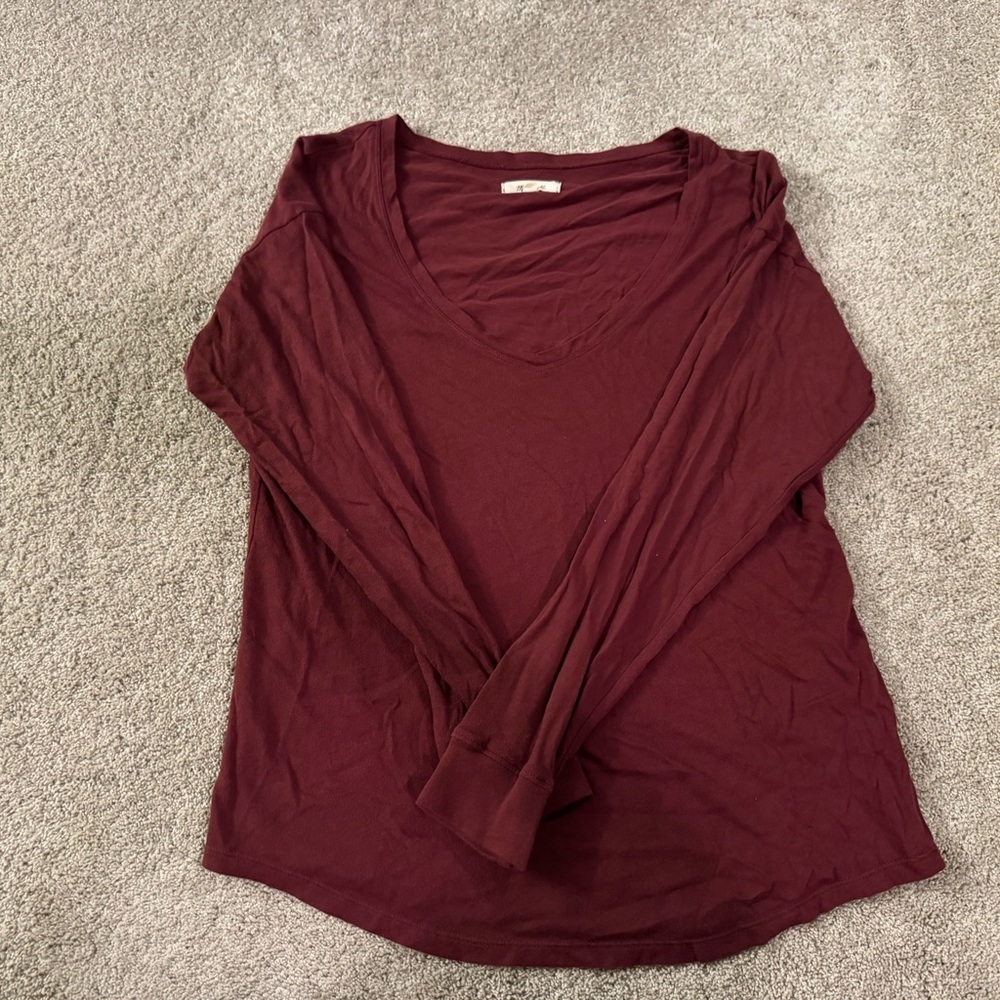 Madewell Burgundy Long Sleeve V-Neck Tee XS Casual Basic Top